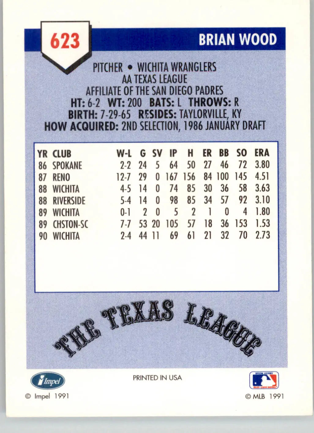 Brian Wood - 1991 Line Drive AA - #623 - Baseball - Baseball Card Single