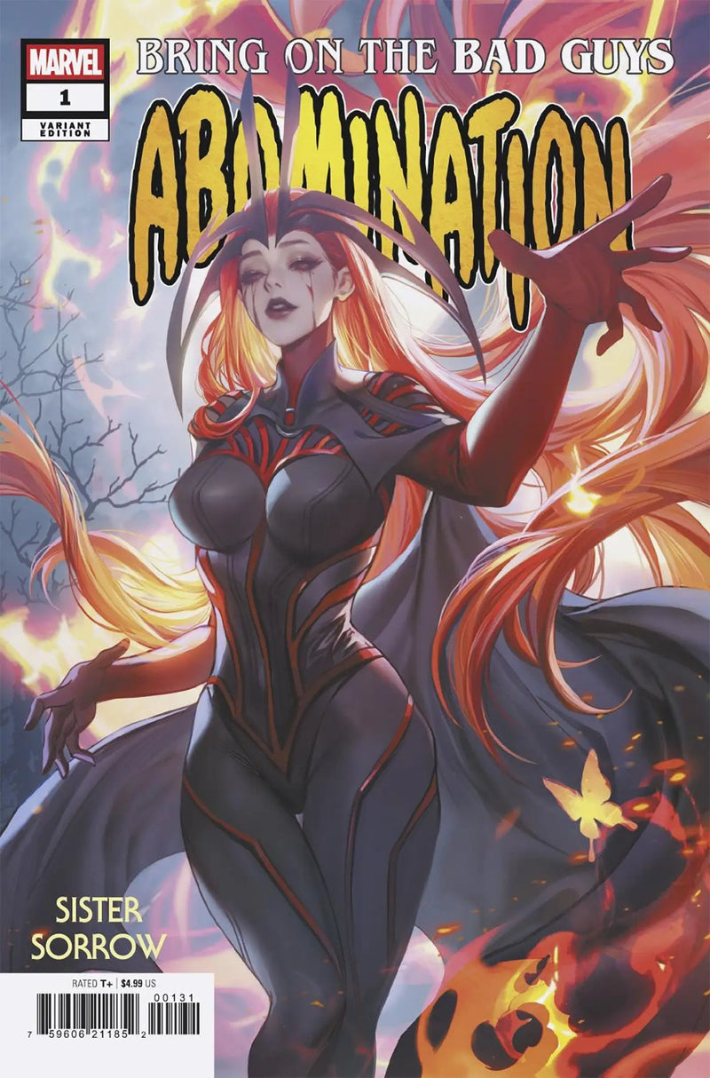 Comic book featuring female character with fiery effects from Bring On The Bad Guys Abomination series