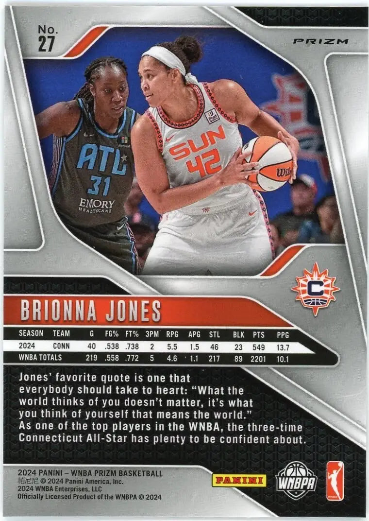 Brionna Jones 2024 Panini Prizm WNBA Silver #27 Connecticut Sun Basketball Card - Basketball Card Single