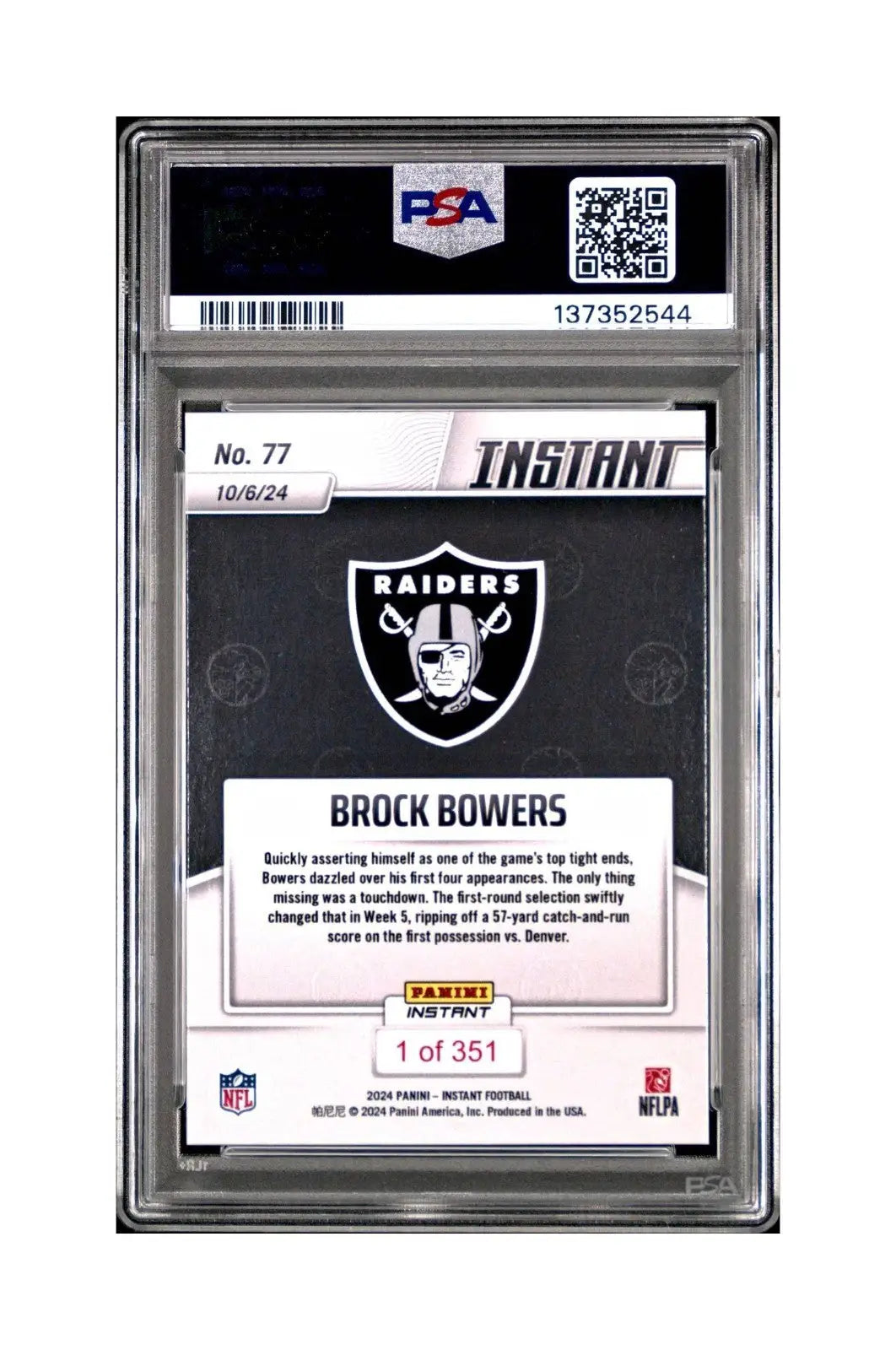 Brock Bowers Rookie 2024 Panini Instant NFL #77 PSA 10 Gem Mint