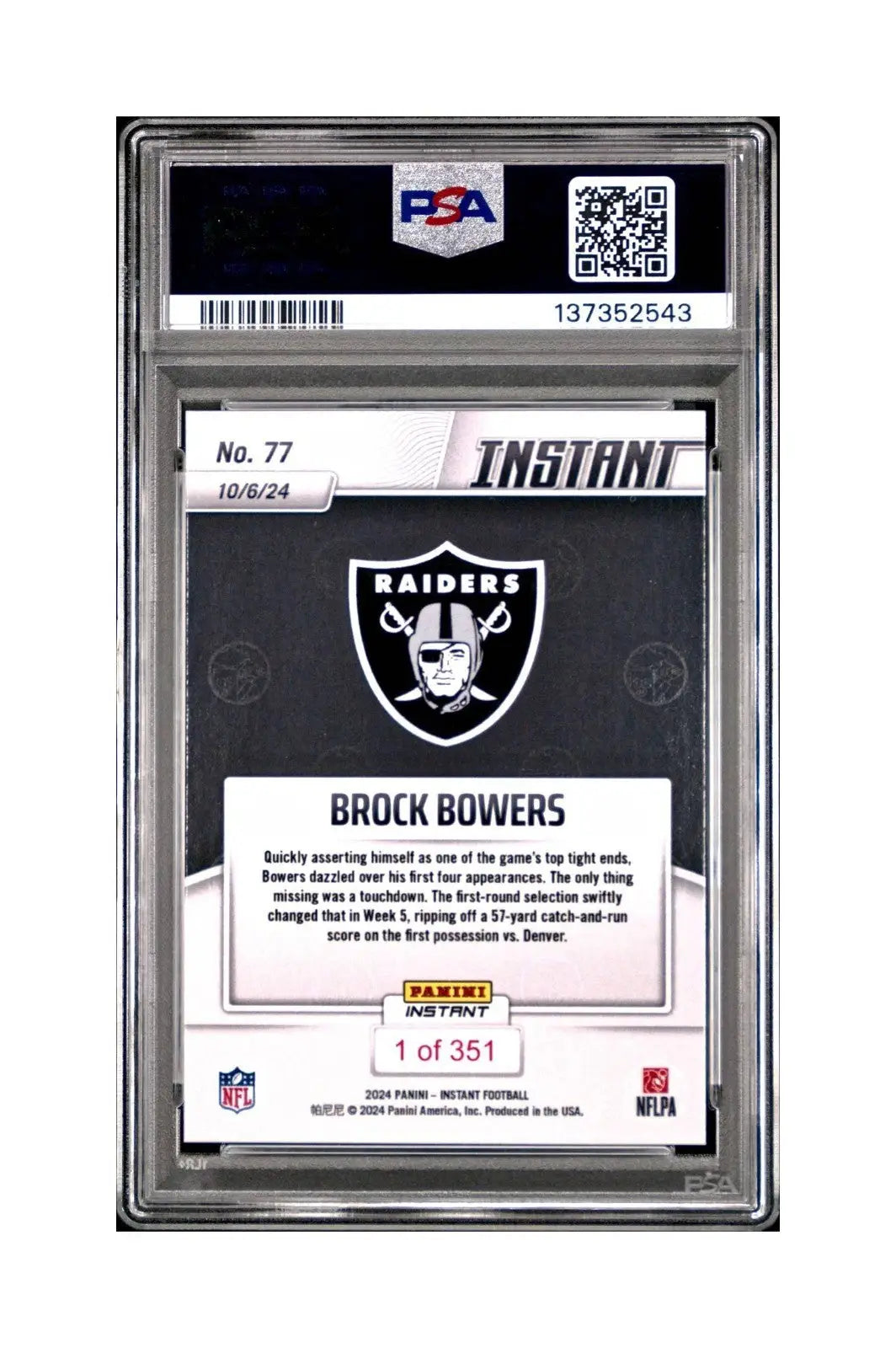 Brock Bowers Rookie 2024 Panini Instant NFL #77 PSA 8 NM-MT - Football Card Single