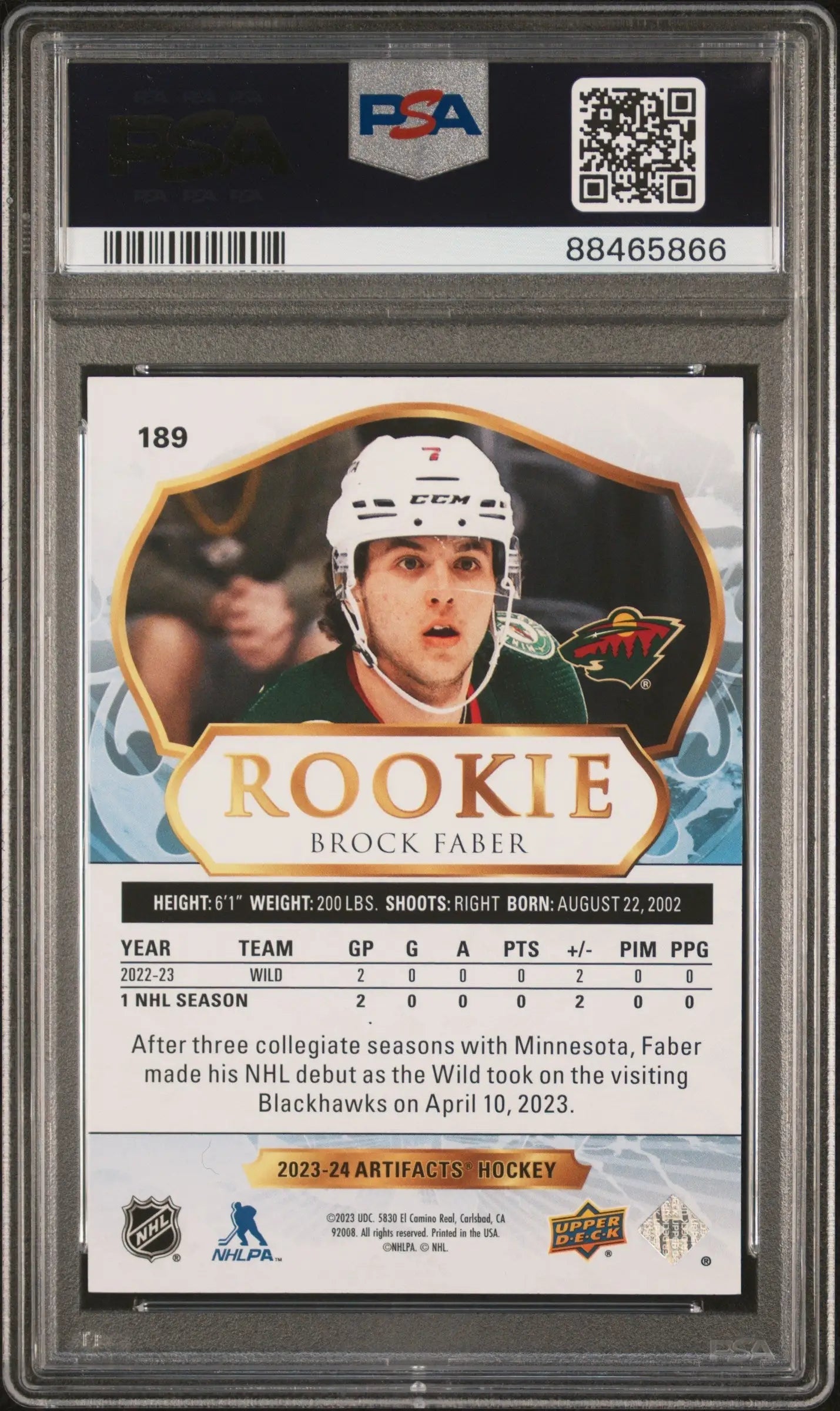 Brock Faber 2023 Upper Deck Artifacts Party Time #10/10 PSA 10 Gem Mint - Hockey Card Single