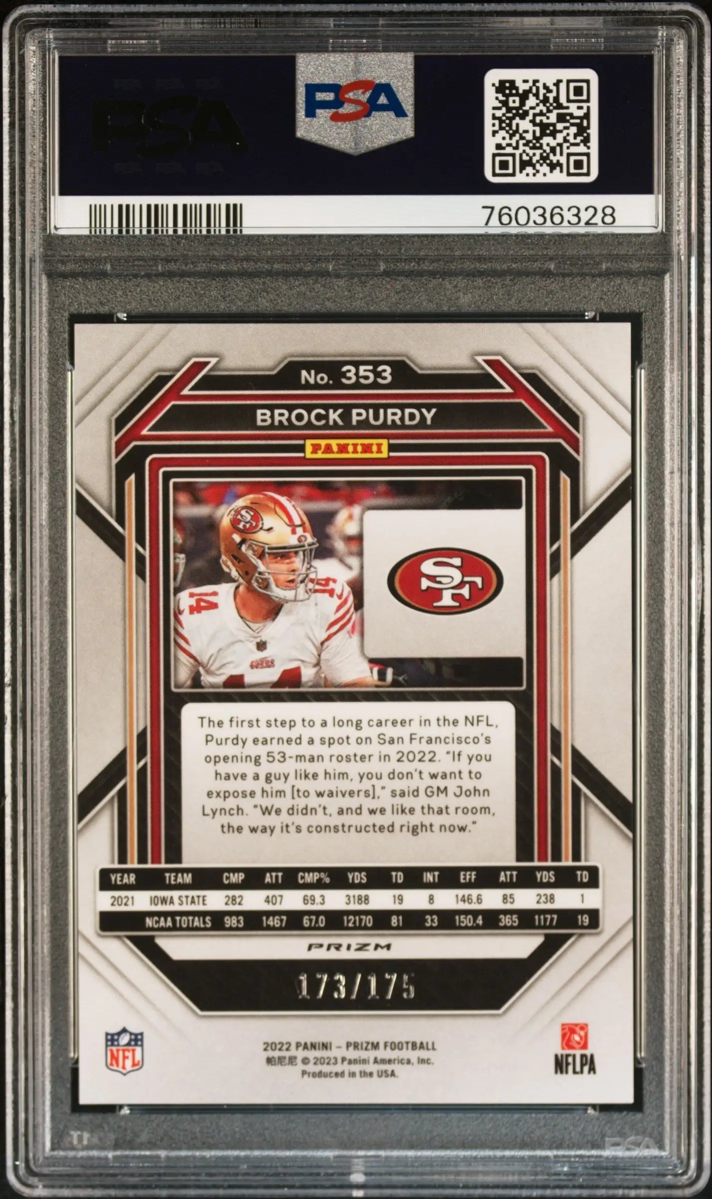 Brock Purdy 2022 Prizm #353 Hyper Prizm #173/175 PSA 10 Gem Mint - Football Card Single