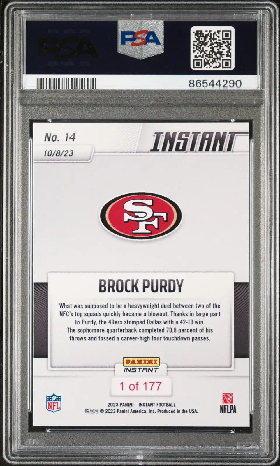 Brock Purdy 2023 Panini NFL #14 Football Card San Francisco 49ers PSA 9 Mint - Football Card Single