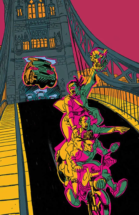 British Museum’s Bronze Faces Cover B Tefenkgi depicting Tower Bridge motorcycle chase scene