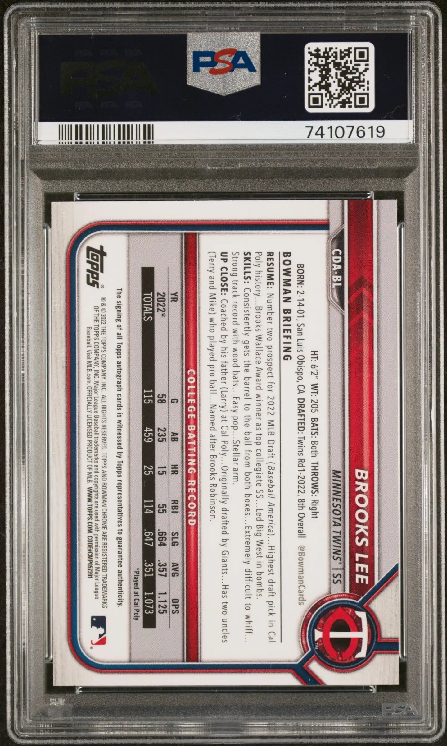 Graded Brooks Lee 2022 Bowman Chrome Draft Purple Refractor Auto card PSA 9