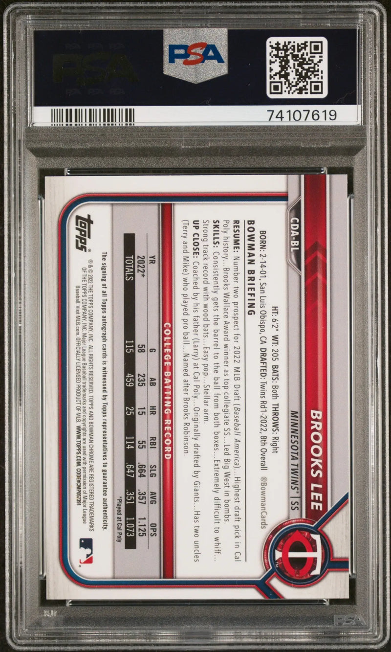 Graded Brooks Lee 2022 Bowman Chrome Draft Purple Refractor Auto card PSA 9