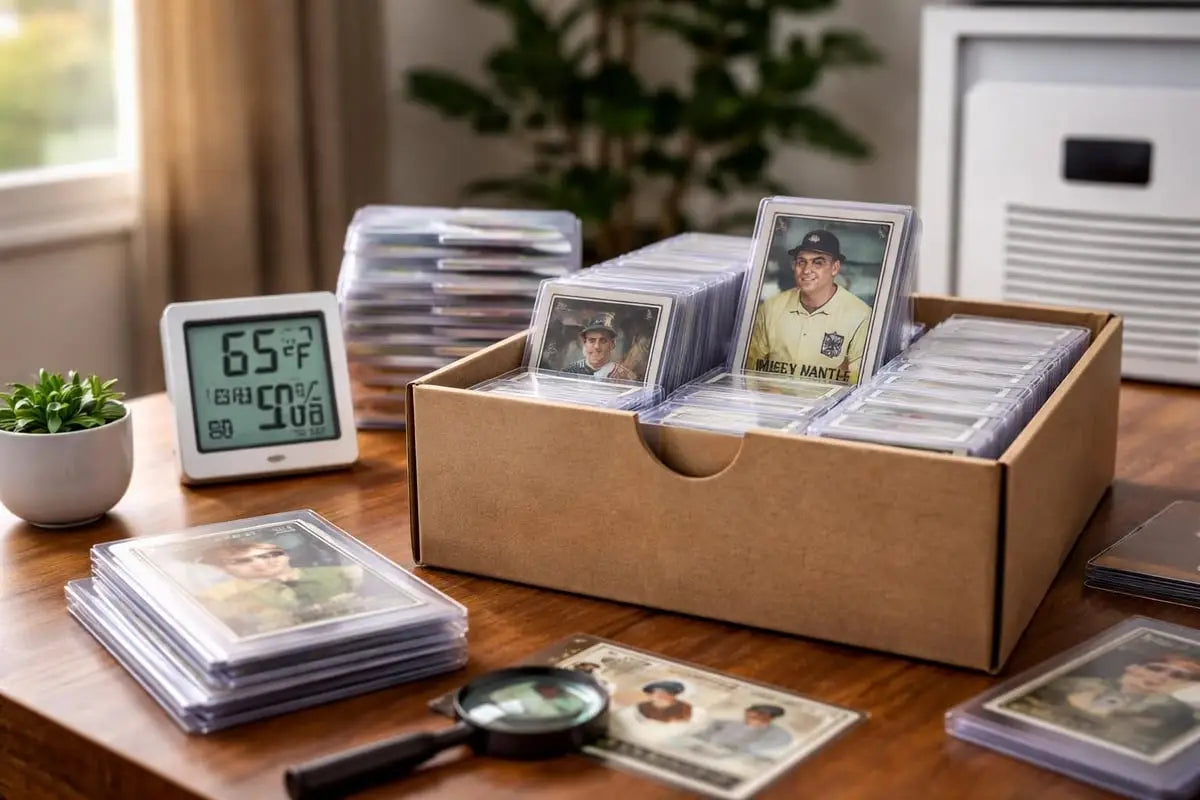 Brown cardboard box of baseball cards in clear sleeves for card binder