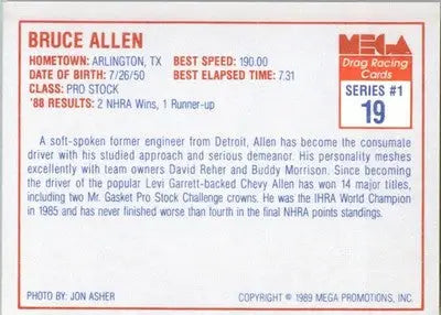 Bruce Allen - 1989 Mega Drag - #19 - Racing - Racing Card Single