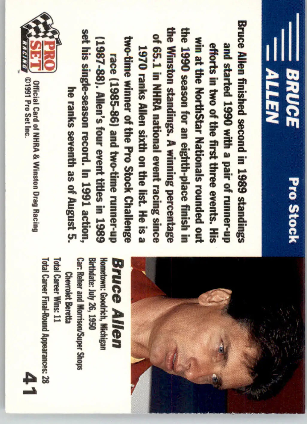 Bruce Allen - 1991 Pro Set NHRA - #41 - Racing - Racing Card Single