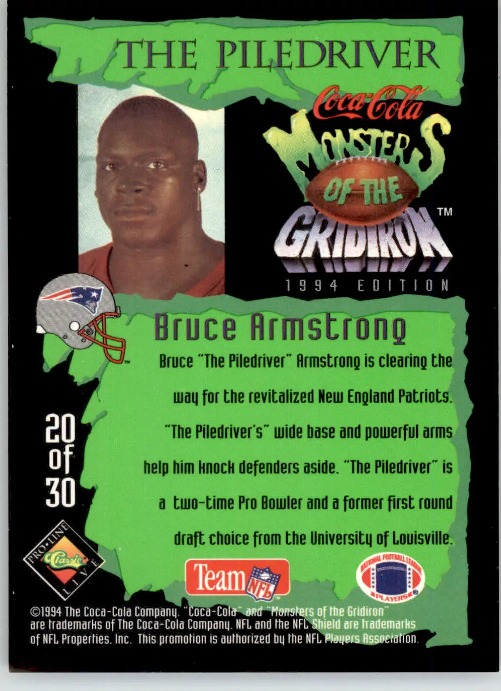 Bruce Armstrong - 1994 Coca-Cola Monsters of the Gridiron - #20 - Football - Football Card Single