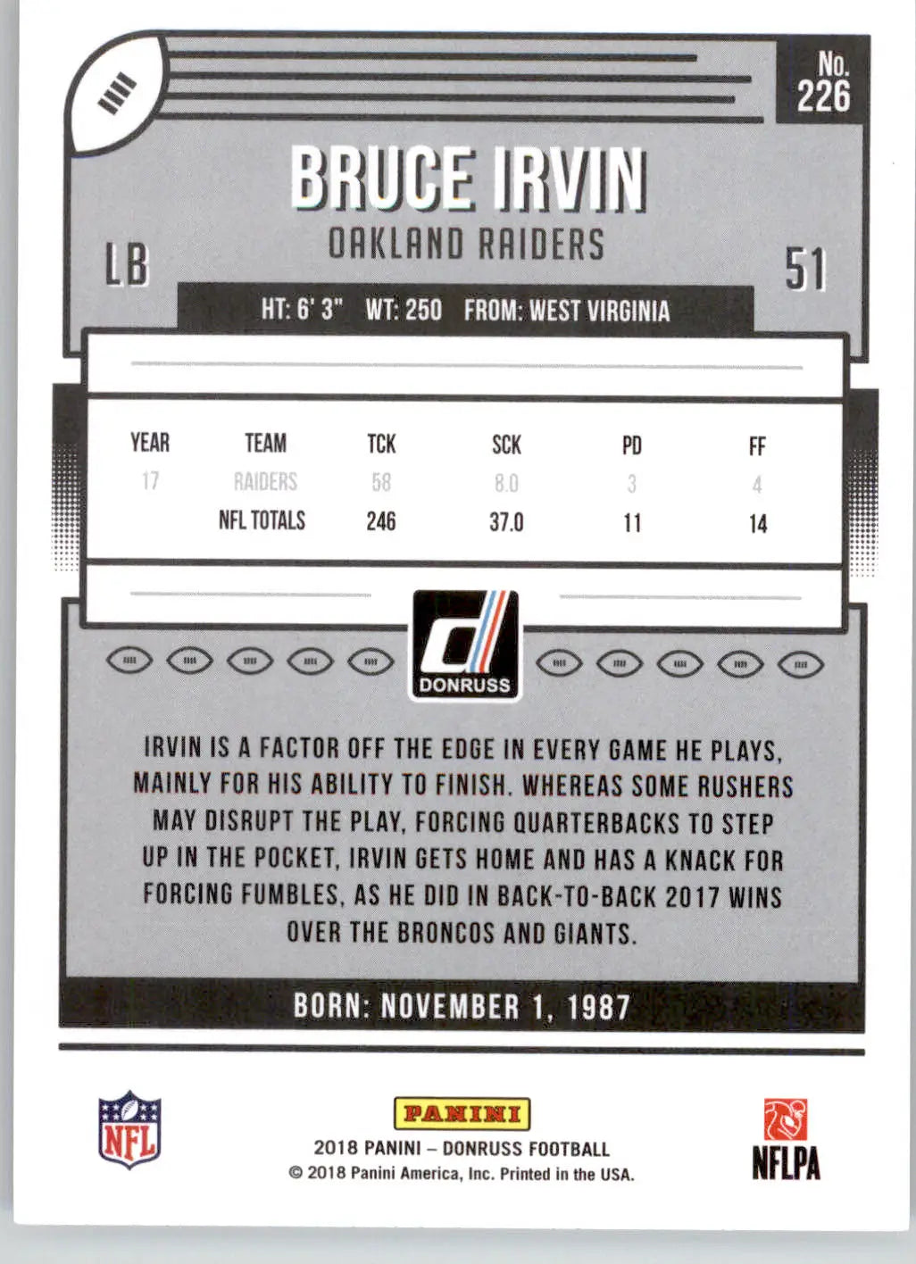 Bruce Irvin - 2018 Donruss - #226 - Football - Football Card Single