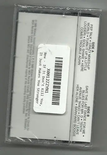 Shrink-wrapped Bruce Willis stronger cassette with track list and barcode on store shelf pulls