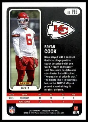 Bryan Cook Rookie 2022 Panini Absolute Retail #149 Kansas City Chiefs - Football Card Single