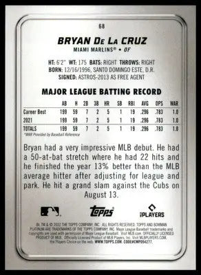 Bryan De La Cruz Rookie 2022 Bowman Platinum #68 Miami Marlins - Baseball Card Single
