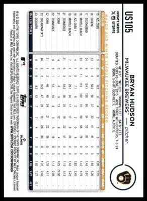 Bryan Hudson Rookie 2024 Topps Update #US105 Milwaukee Brewers - Baseball Card Single