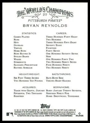 Bryan Reynolds 2022 Topps Allen & Ginter #217 Pittsburgh Pirates - Baseball Card Single