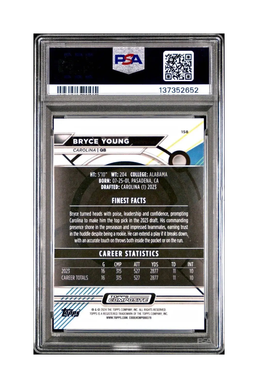 Bryce Young 2023 Topps Finest 069/150 Purple Checkerboard Refractor #158 PSA 10 - Football Card Single
