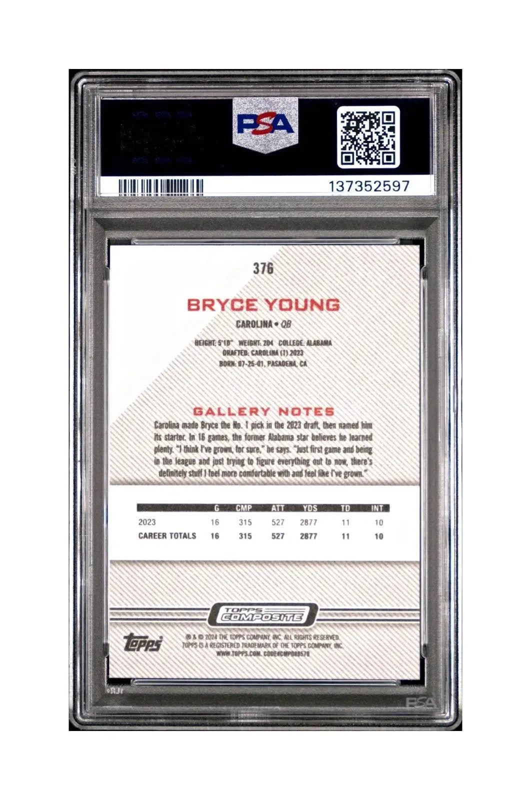 Bryce Young 2023 Topps Gallery #376 Card Carolina Panthers PSA 10 Gem Mint