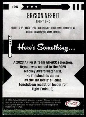 Bryson Nesbit 2025 SAGE HIT Blue #196 North Carolina Tar Heels - Football Card Single