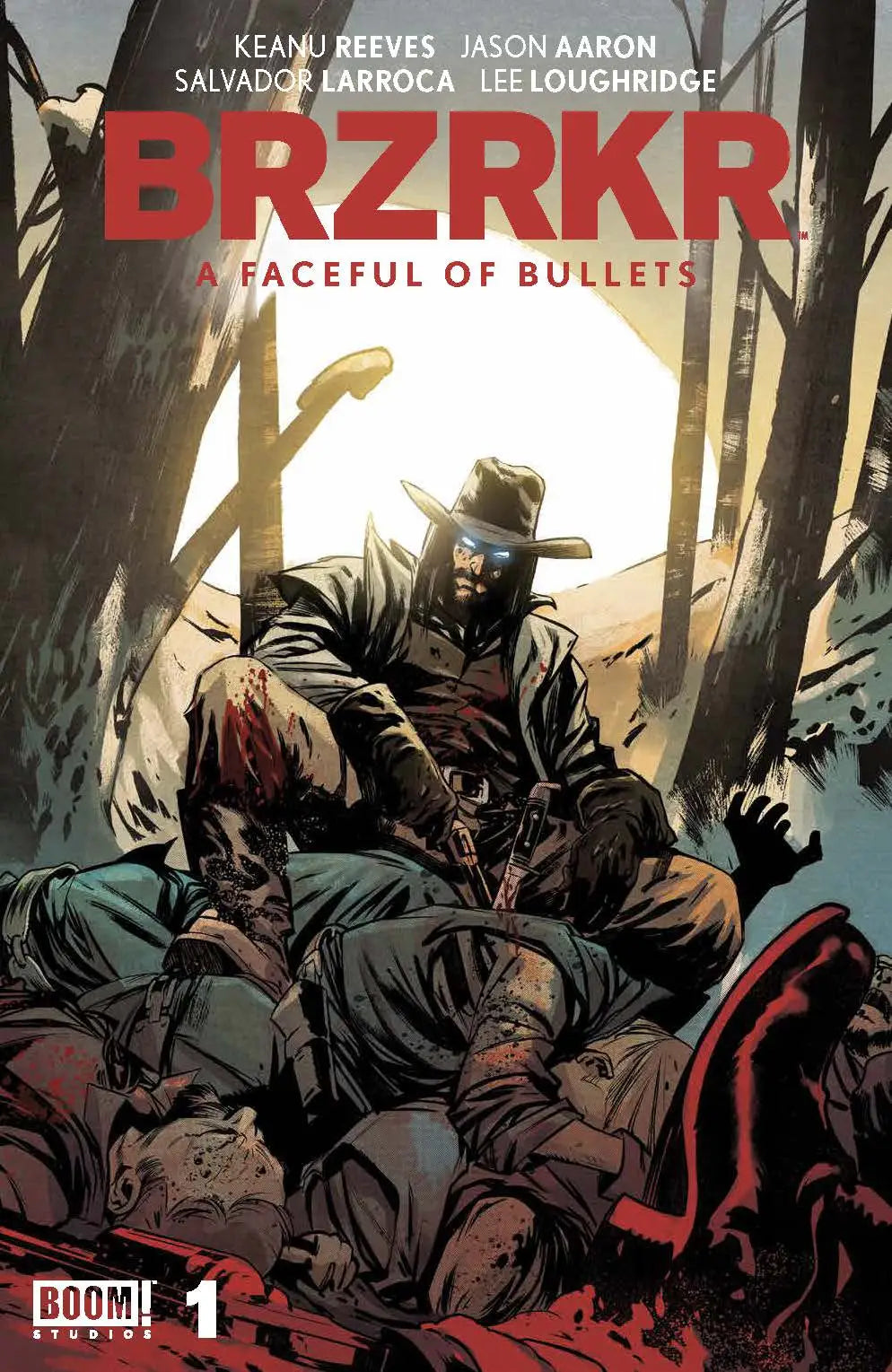 Comic book cover featuring a gunslinger battling attackers, ideal for trading cards fans