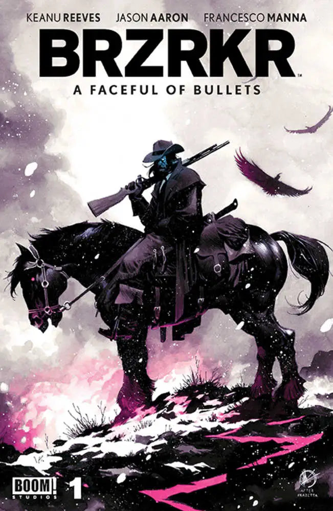Silhouetted figure on horseback with rifle against a purple sky in Cover D Foil Variant Scalera