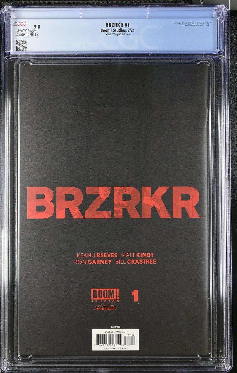 CGC graded comic book BRZRKR #1 with red text on black cover, MORA 1:200 variant
