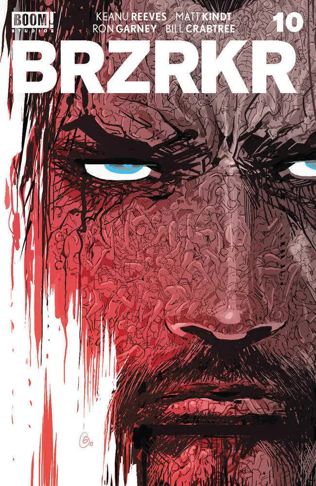 Close-up of a blood-spattered face for BRZRKR trading cards Cover C Foil Garney