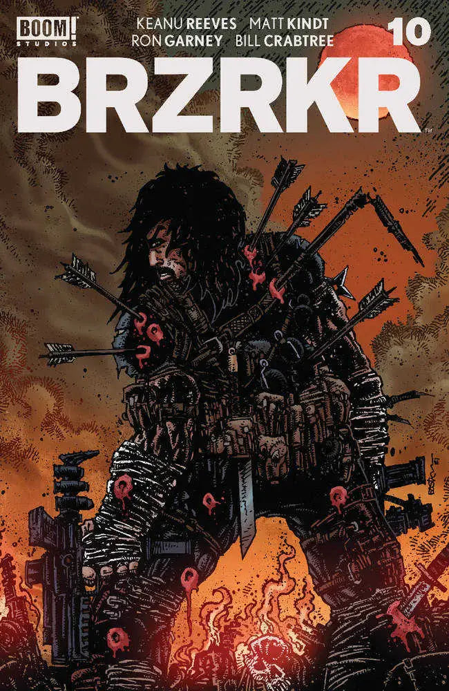 Comic book cover of BRZRKR #10 featuring a warrior with arrows against fire, ideal for trading cards