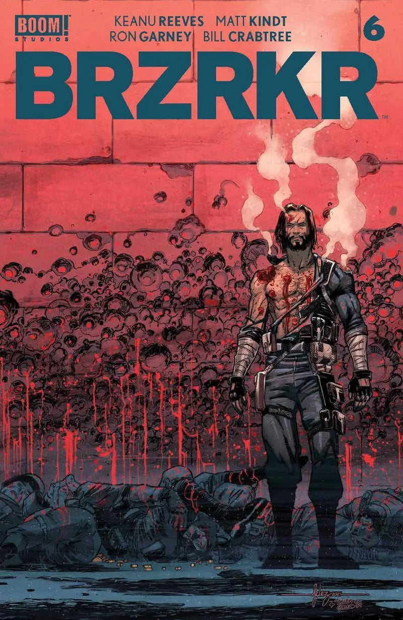 Comic book cover of BRZRKR #6 with a dark figure in red destruction, perfect for trading cards enthusiasts
