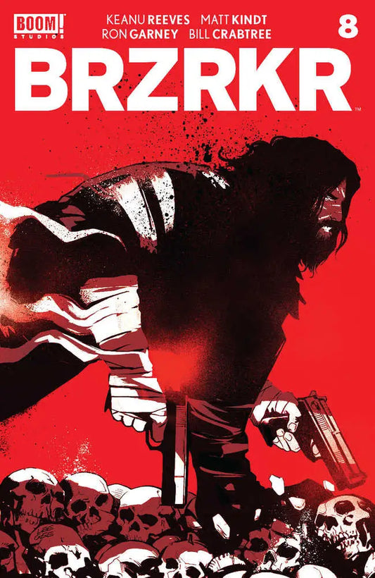 Comic book cover for BRZRKR #8 showcasing a dark figure on a vibrant red background