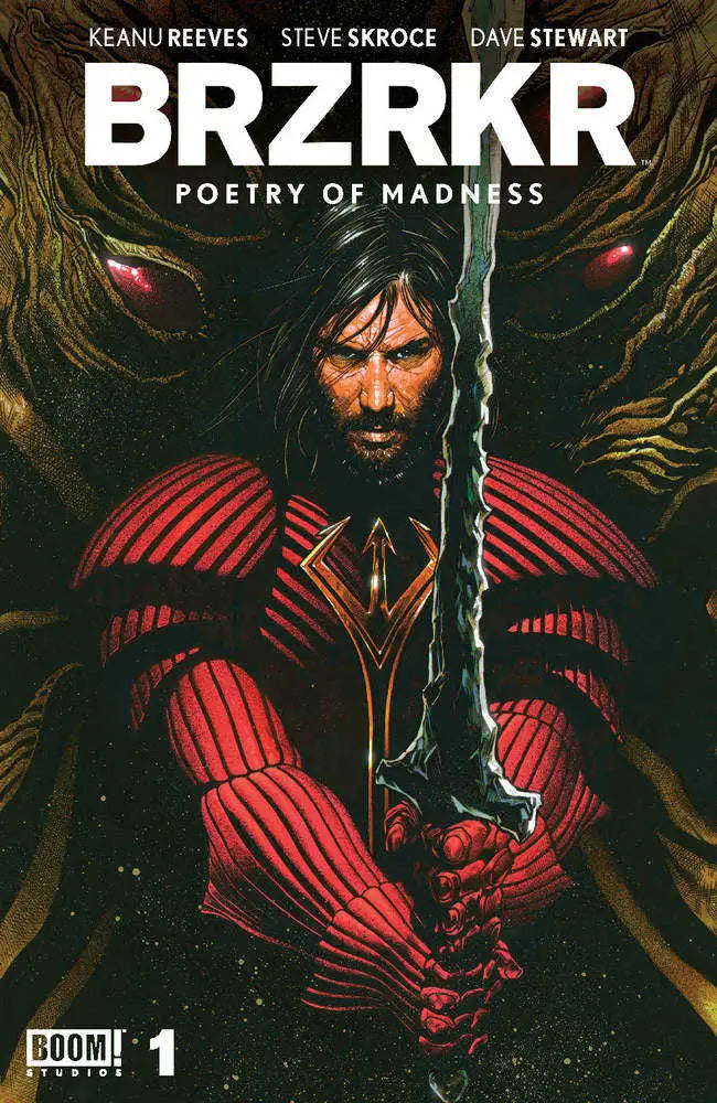 Comic book cover for BRZRKR Poetry of Madness #1 with warrior in red armor, perfect for collectors