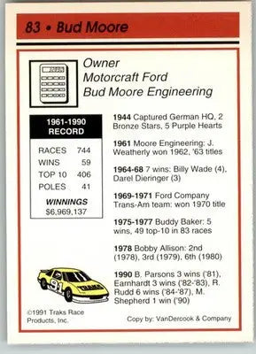 Bud Moore - 1991 Traks - #83 - Racing - Racing Card Single