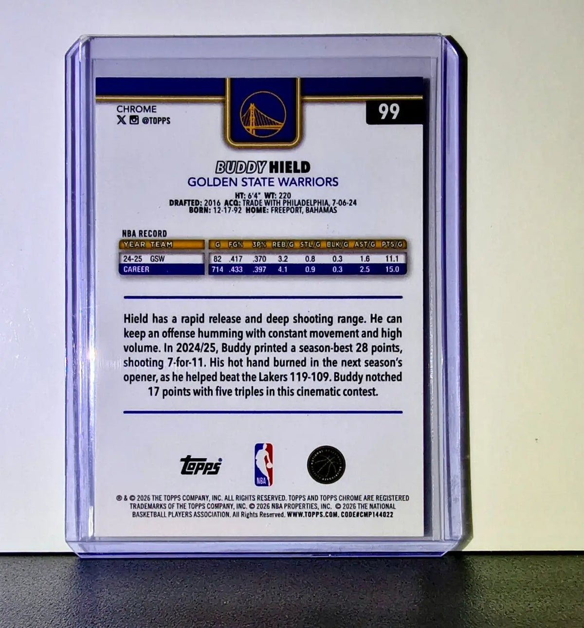 Buddy Hield 2025-26 NBA Topps Chrome Update X-Fractor #99 Card State Warriors - Basketball Card Single