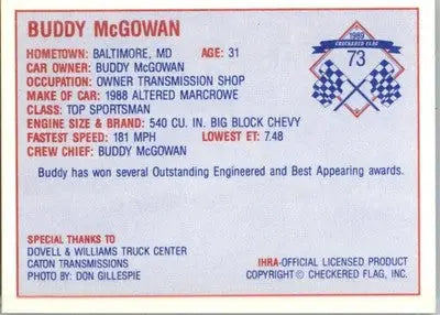 Buddy McGowan - 1989 Checkered Flag IHRA - #73 - Racing - Racing Card Single