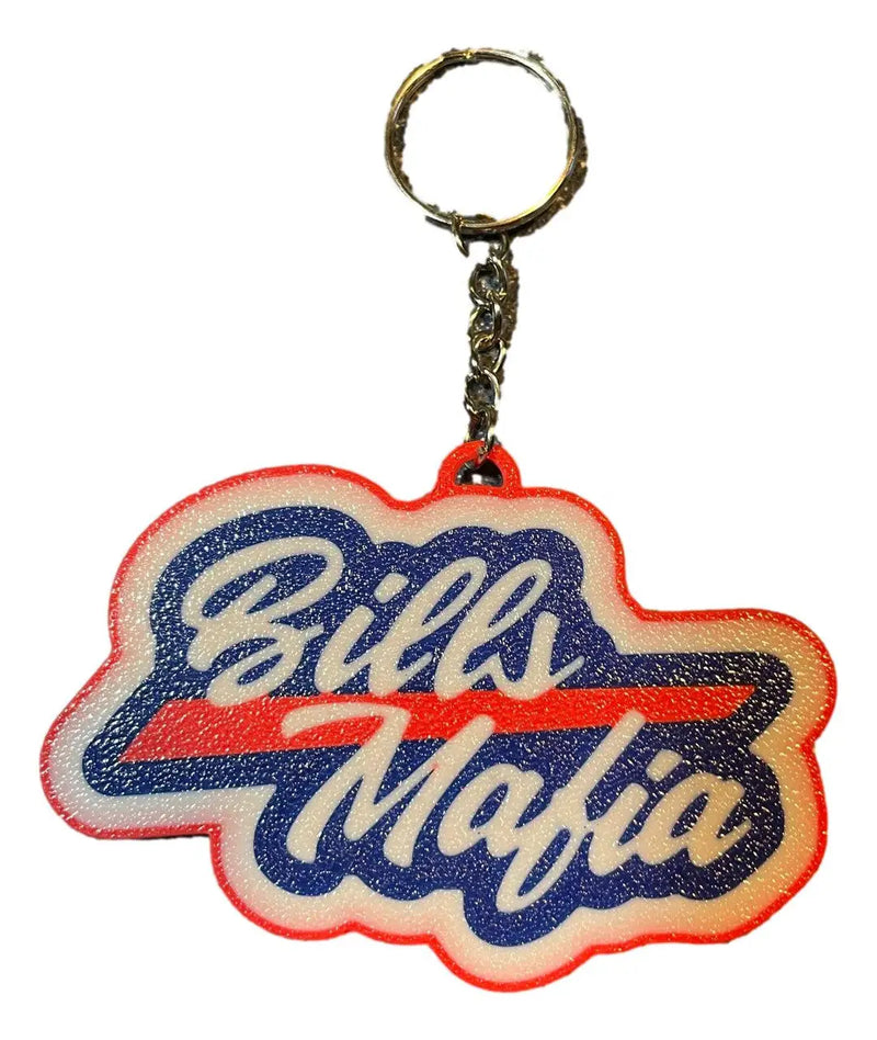 Glittery Bills Mafia keychain with red outline for Buffalo Bills fans, perfect fan gift