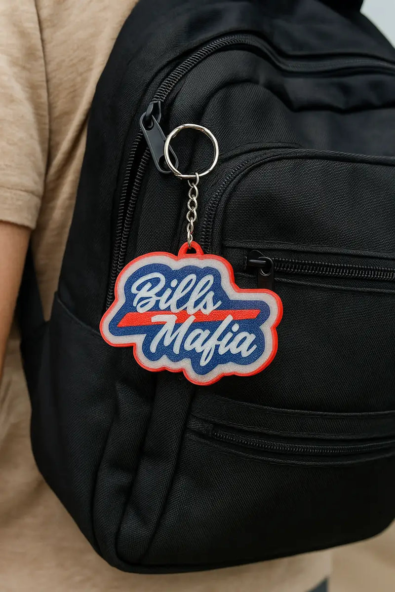 Black backpack with Bills Mafia keychain, perfect fan gift for San Francisco 49ers fans