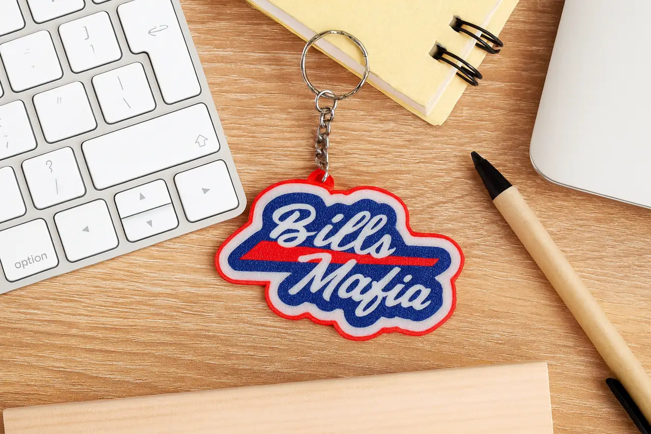 Buffalo Bills Bills Mafia keychain with blue and red lettering, perfect for san francisco 49ers fans