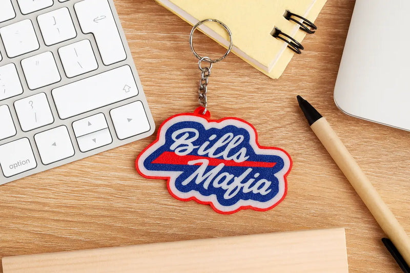 Buffalo Bills Bills Mafia keychain with blue and red lettering, perfect for san francisco 49ers fans