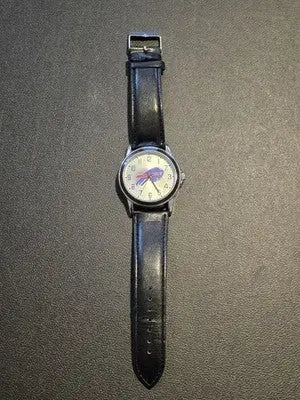 Buffalo Bills Watch Mens Black Leather Strap Analog Team Logo Silver Case NFL - Apparel