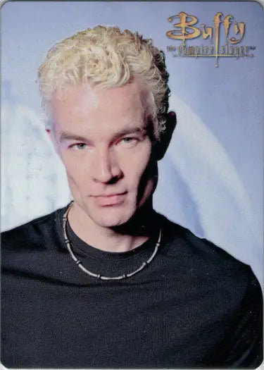 Bleached blonde man with sharp features on Buffy Metal Chase Card BM3 James Marsters