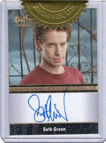 Autographed trading card of Seth Green in red shirt from Buffy Ultimate Collectors Series