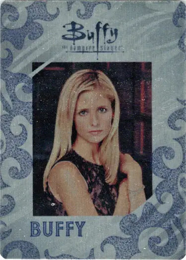 Buffy Trading Card Insert Card featuring a blonde woman in a dark top with blue border