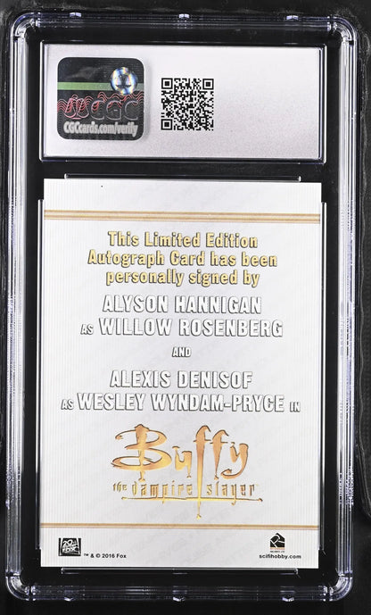 Clear plastic case holding Buffy Ultimate Dual Autograph Card Alyson Hannigan Alexis Denisof