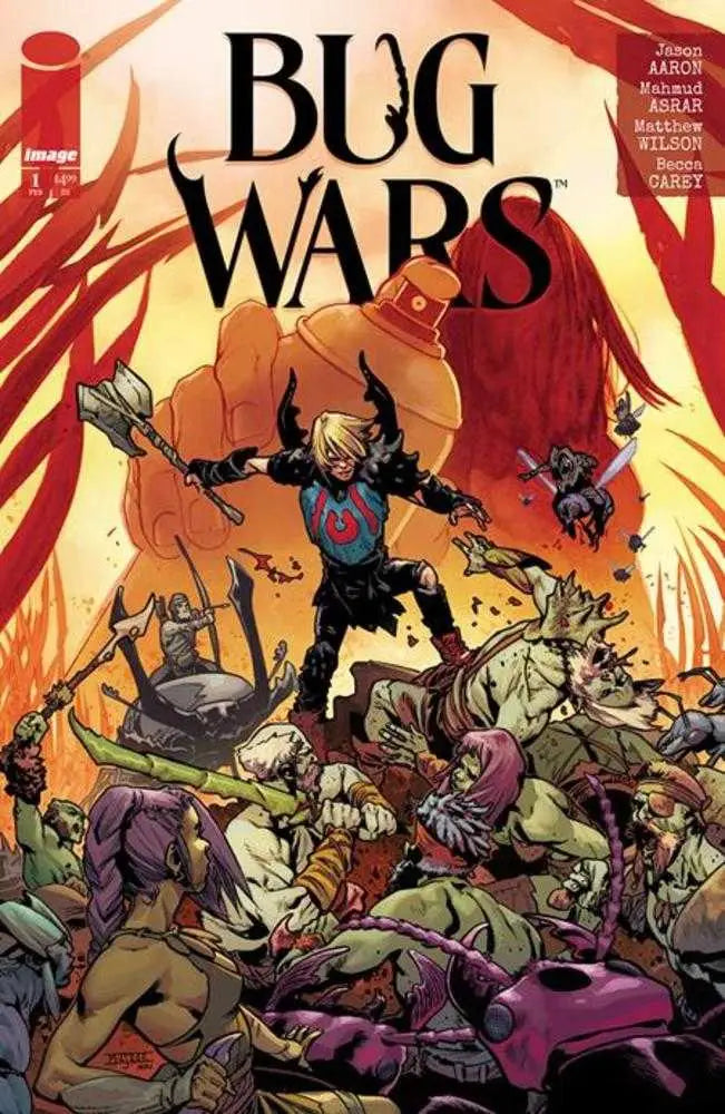 Comic book cover of Bug Wars #1 by Mahmud Asrar featuring beetle-riding barbarians
