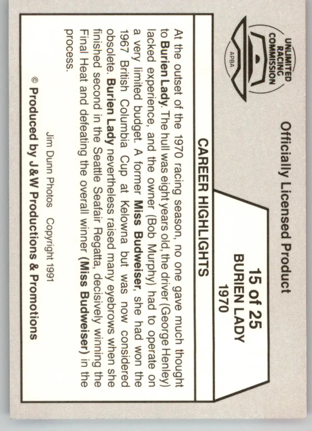 Burien Lady - 1970 - 1991 APBA Thunder on the Water - #15 - Racing - Racing Card Single