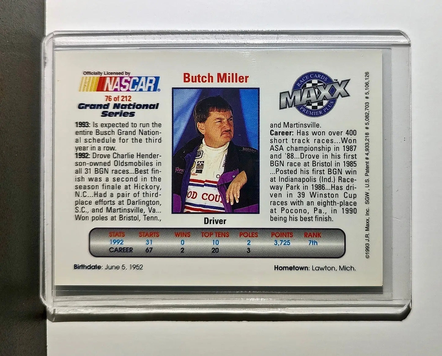 Butch Miller 1993 Maxx Premier Plus Racing #76 NASCAR Card Henderson Motorsports - Racing Card Single