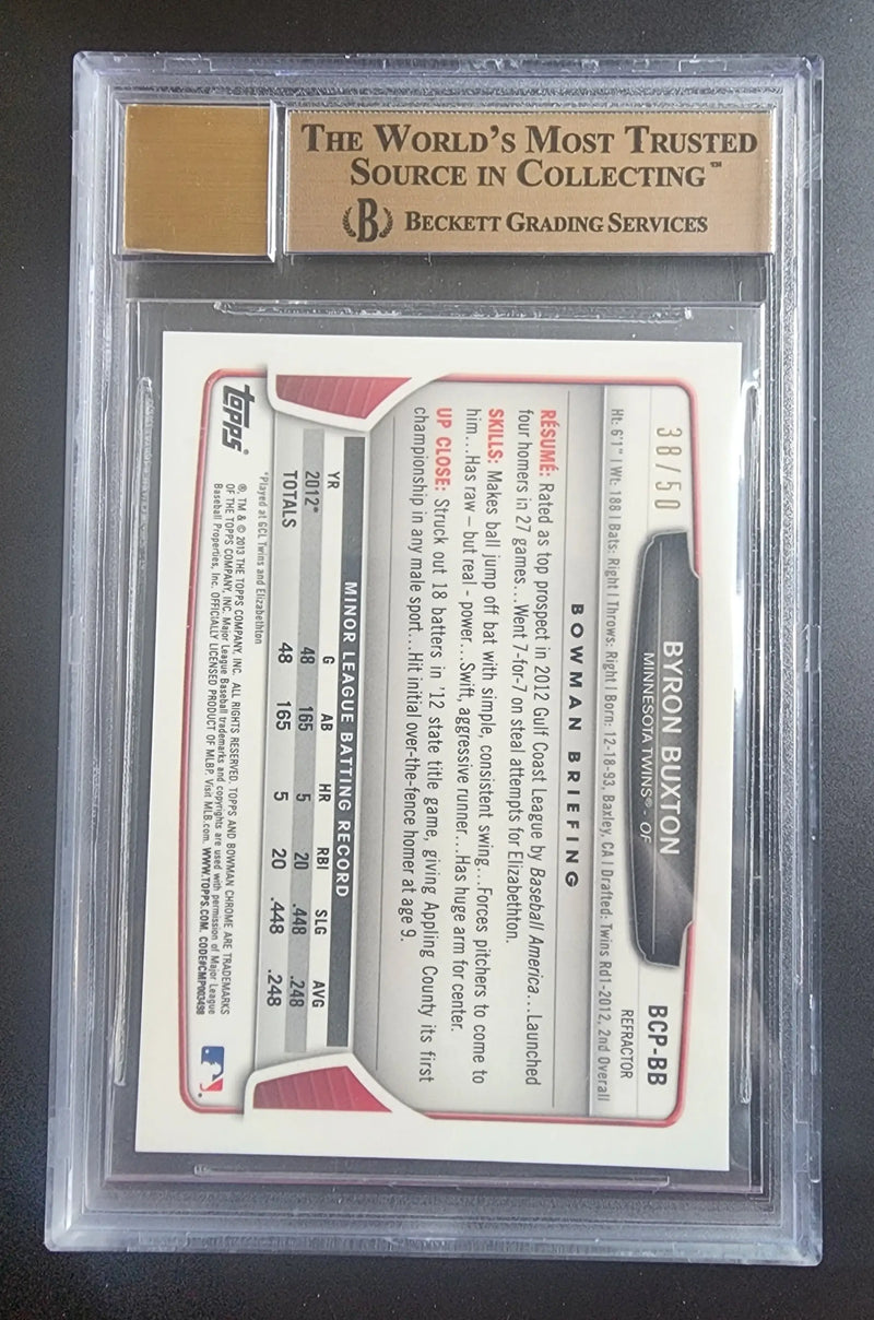 BGS-graded Byron Buxton 2013 Bowman Chrome Autograph Blue Wave Refractor card back side