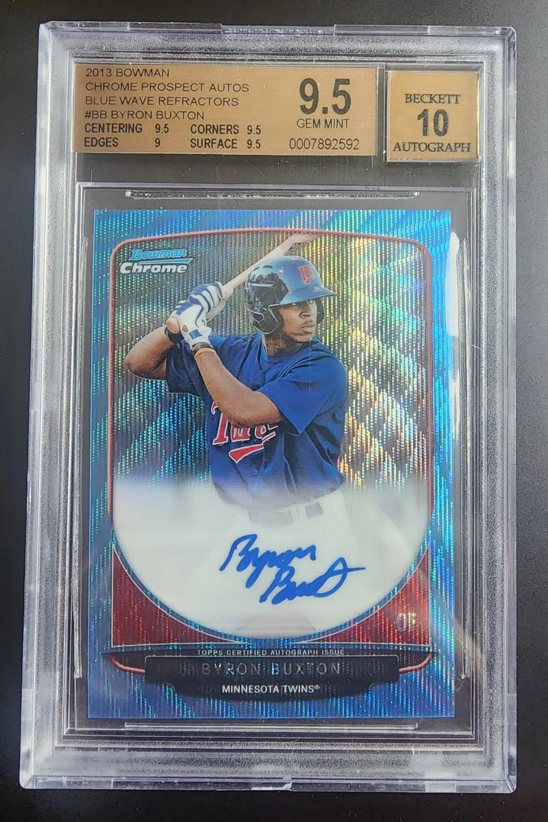 Graded BGS 9.5 Byron Buxton 2013 Bowman Chrome Autograph Blue Wave Refractor card