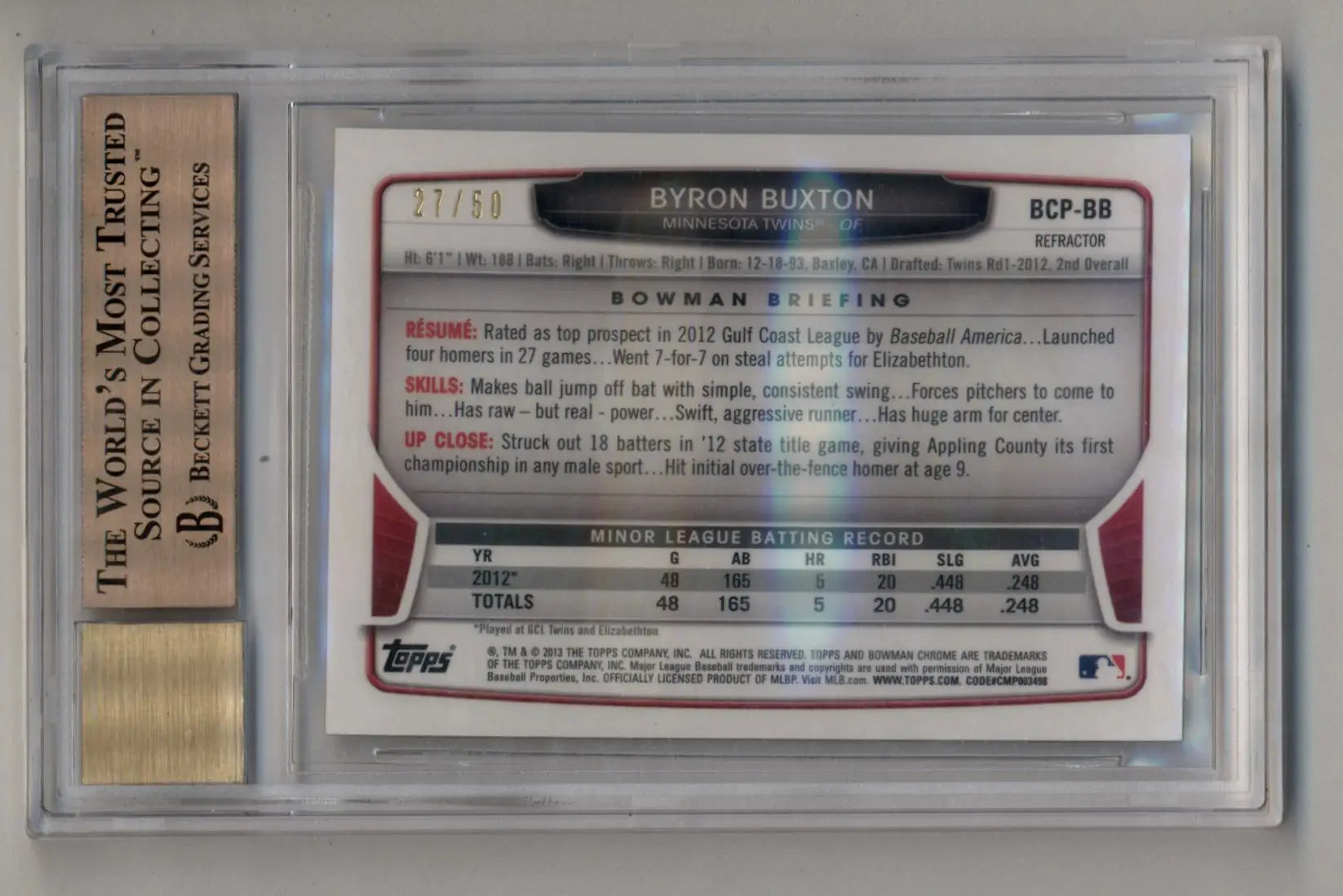 Graded Byron Buxton 2013 Bowman Chrome Prospect Gold Refractor Auto card